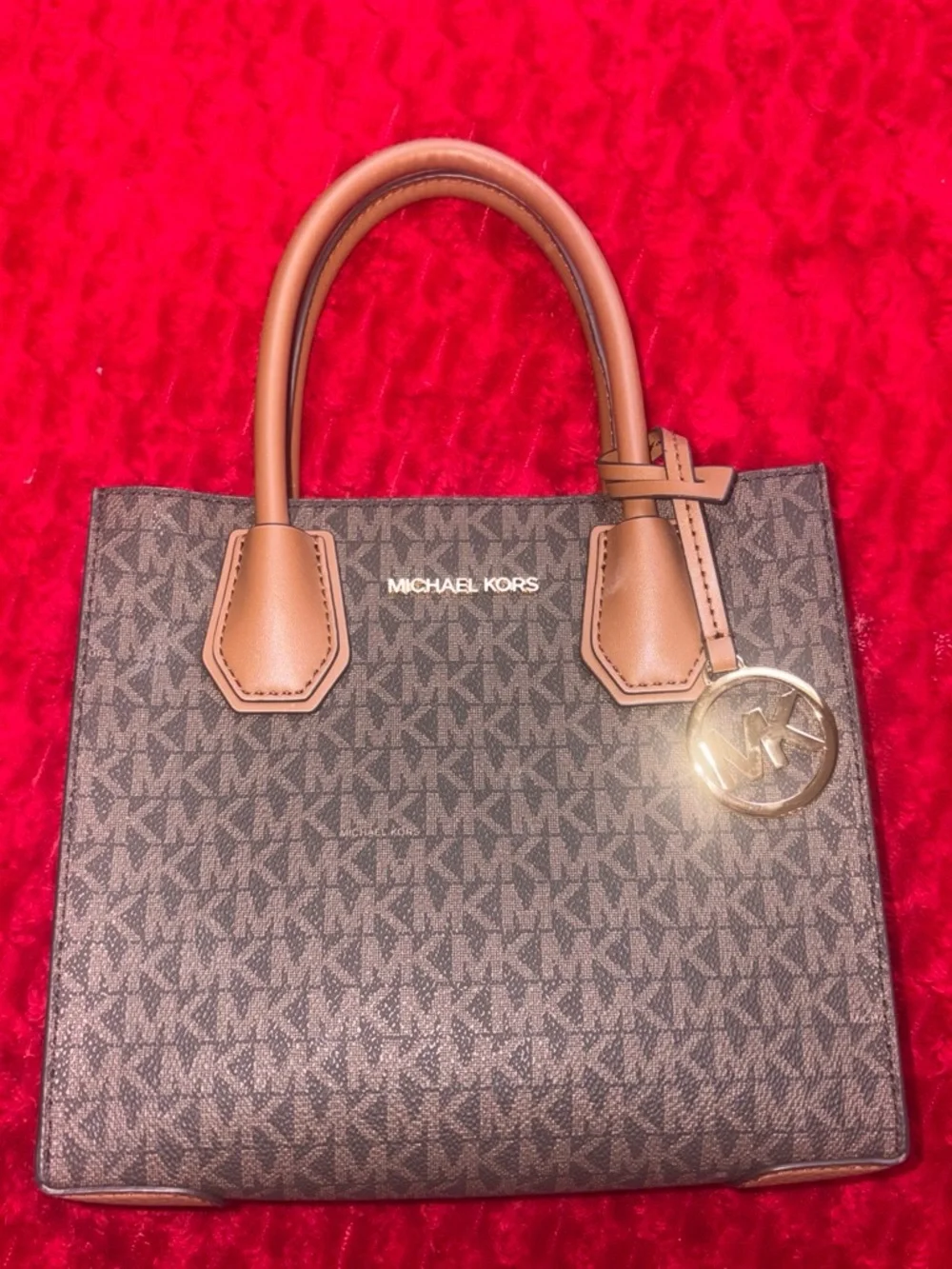 Michael Kors Brown MK Signature Satchel with Tan Handles